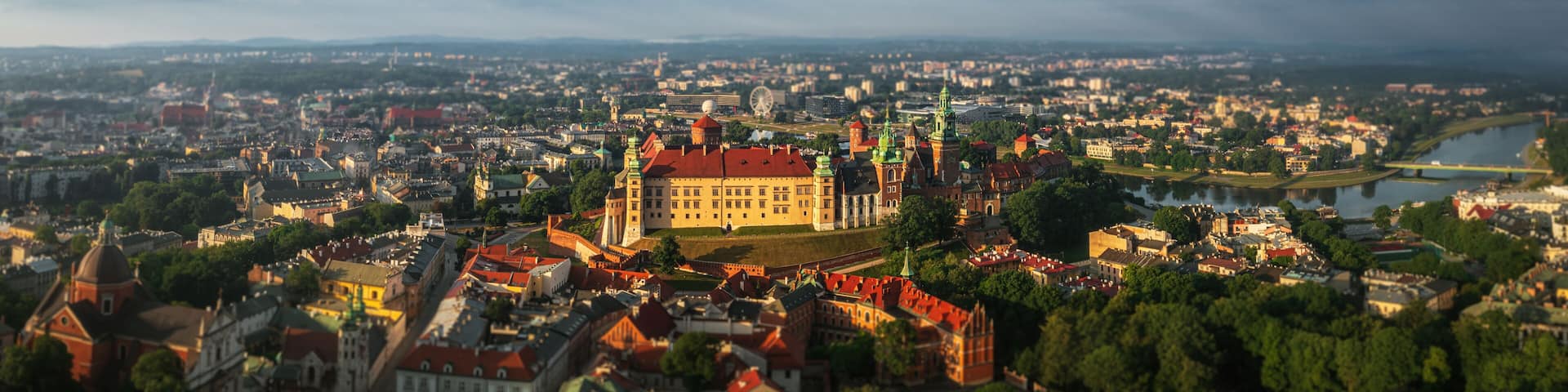 Panorama of Krakow with Wawel Castle in the center at summer morning, Krakow, Poland