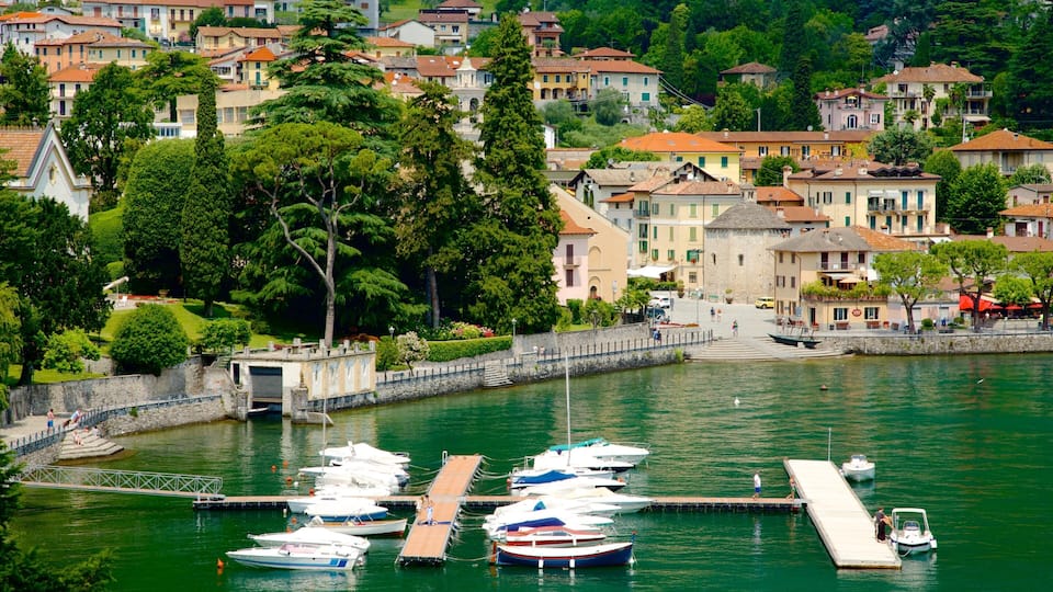 A marina with boats docked, surrounded by a town with colorful buildings and lush greenery.