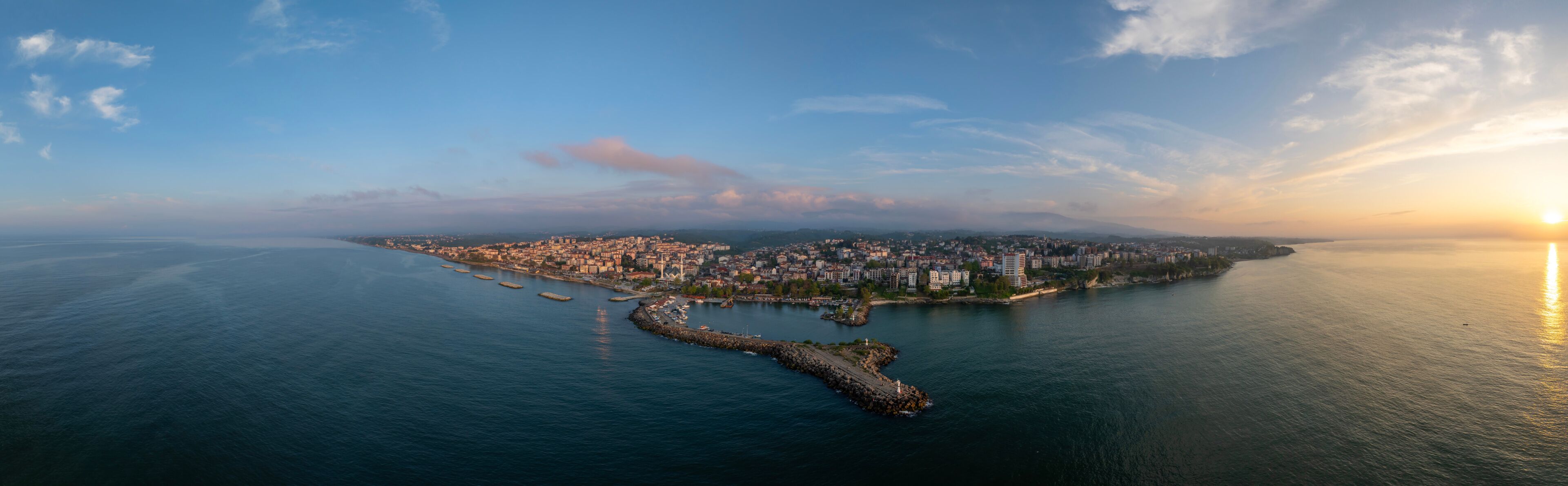 A coastal cityscape with a prominent peninsula, a harbor with boats, and a clear sky.