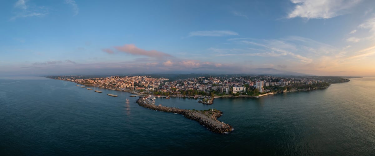 A coastal cityscape with a prominent peninsula, a harbor with boats, and a clear sky.