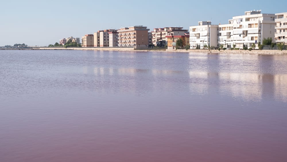 The pink salt flats at Margherita Di Savoia in Puglia, Italy. The water is coloured pink because of crustaceans that live in it.