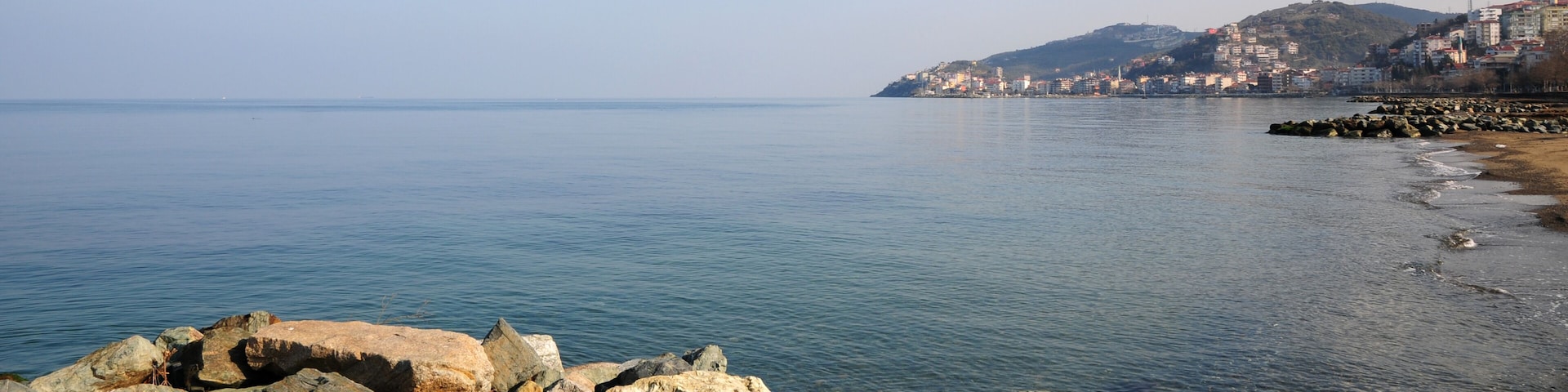 A coastal landscape with large rocks in the foreground, calm water, and a city on a hill in the background.