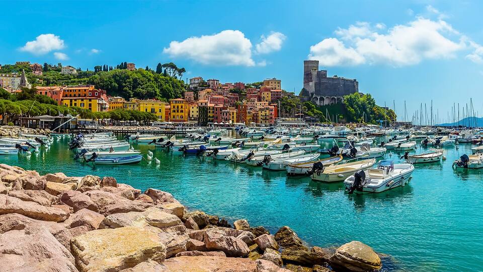 A panorama view along the promenade in Lerici, Italy in the summertime