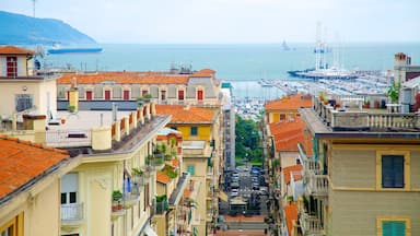 A coastal town with terracotta-roofed buildings, a marina with boats, and a large blue ship in the distance.