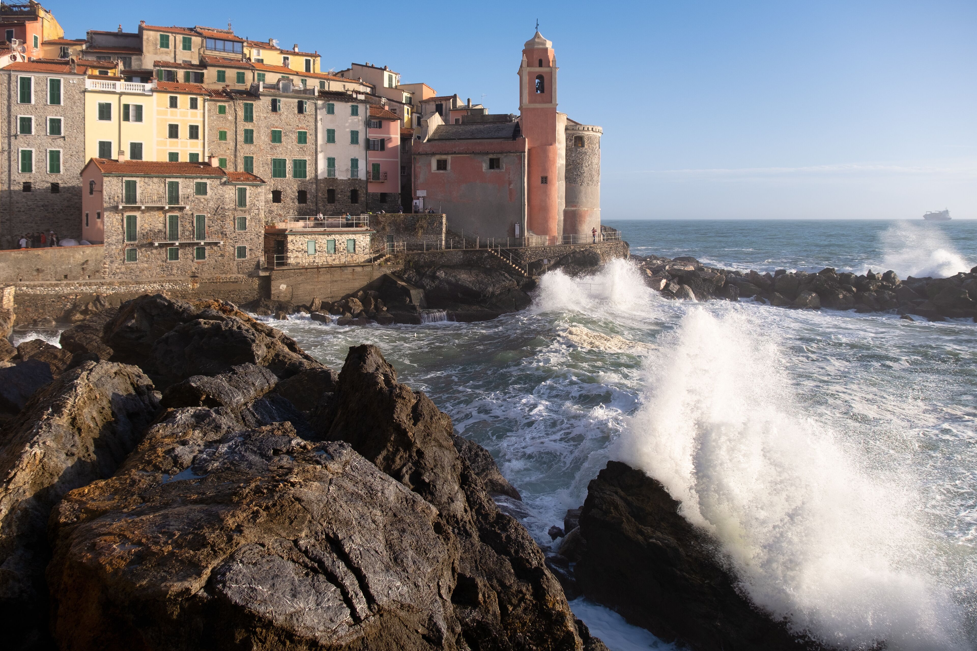Strong sea waves breaking on Tellaro, ancient and small village near Lerici