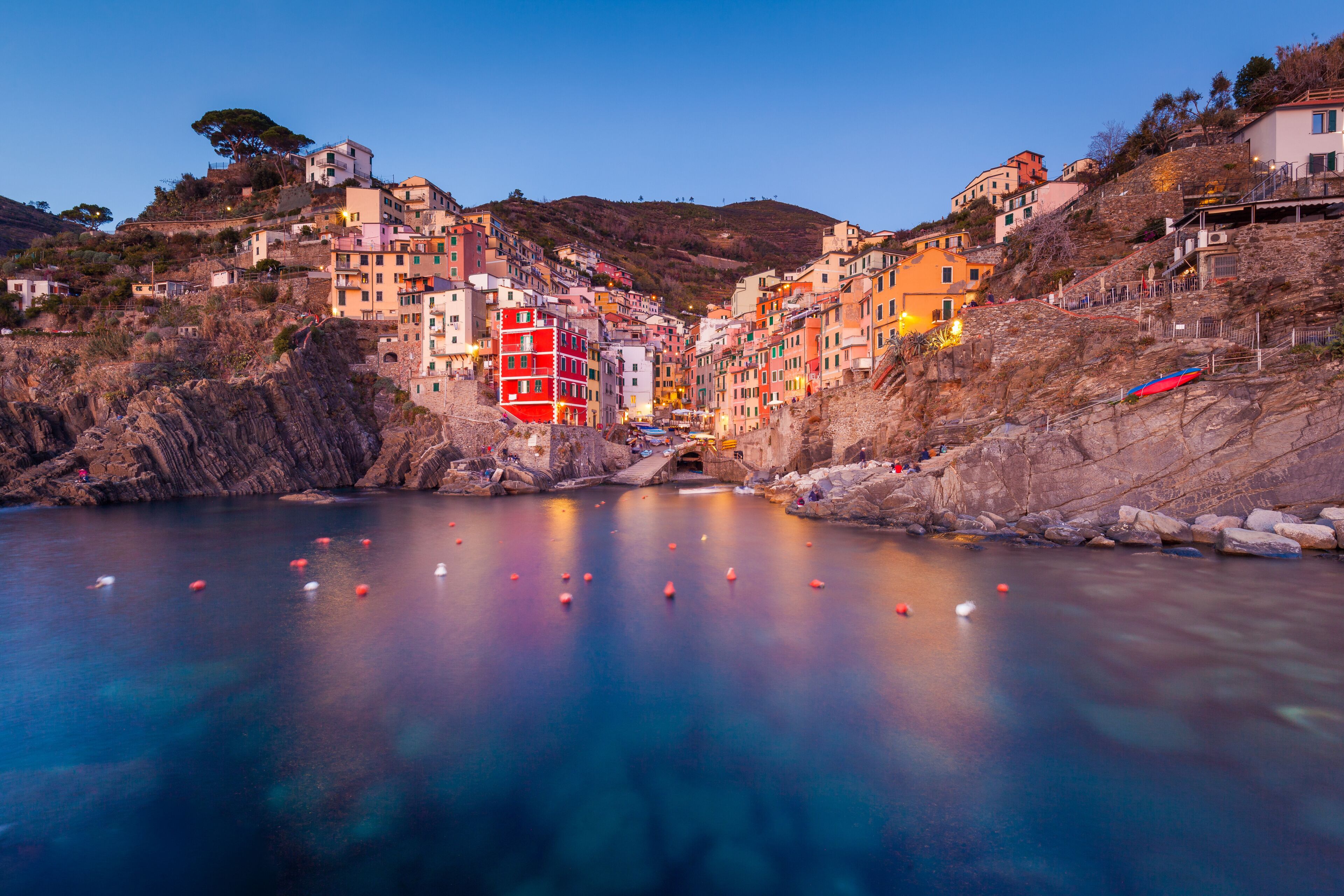 Scenic view of Riomaggiore and its colorful houses, Cinque Terre National Park, Ligura, Italy