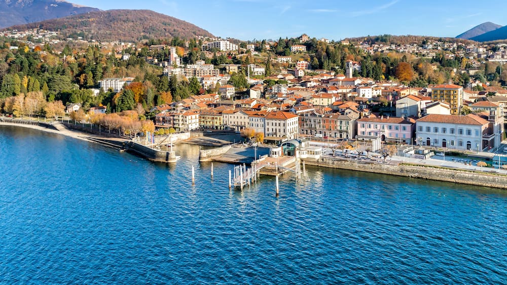 Aerial view of Luino, is a small town on the shore of Lake Maggiore in province of Varese, Italy.