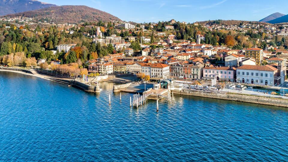 Aerial view of Luino, is a small town on the shore of Lake Maggiore in province of Varese, Italy.