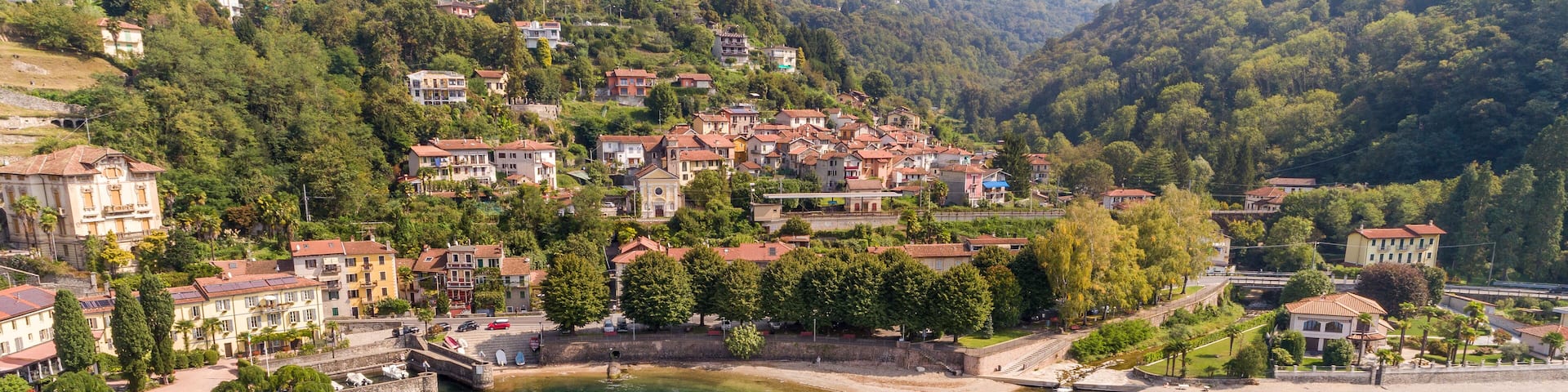 Aerial View of Colmegna Village on Lake Maggiore Coast, Luino, Lombardy, Italy