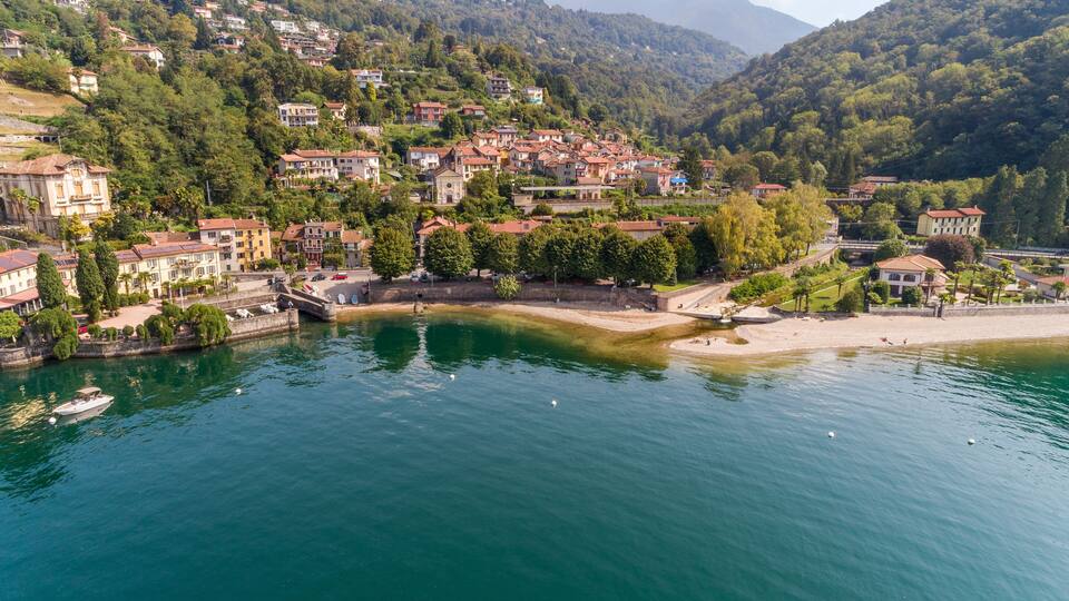Aerial View of Colmegna Village on Lake Maggiore Coast, Luino, Lombardy, Italy