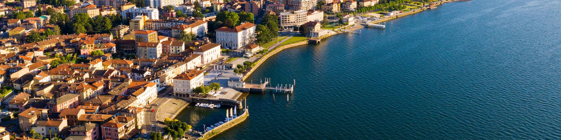 Aerial view of Luino, is small town on the shore of Lake Maggiore in province of Varese, Italy
