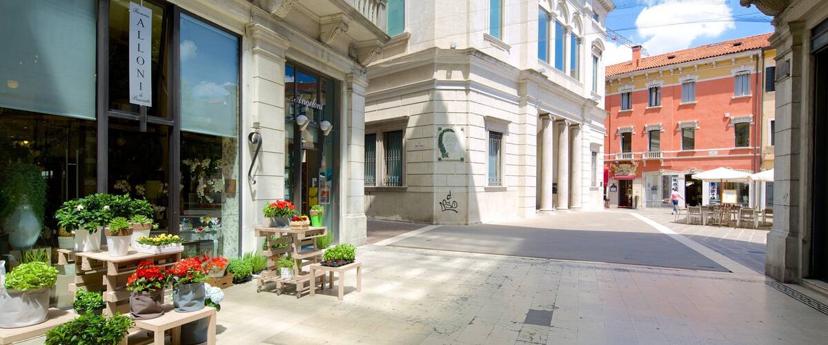 A street with a flower shop, a building with a sign reading "Teatro Tonino", and a red building in the background.
