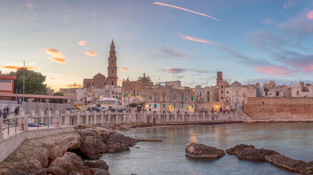 Sunset panorama of Monopoli harbor in the Metropolitan City of Bari and region of Apulia ( Puglia ) , Italy and beautiful illuminated cathedral Basilica Concattedrale Maria Santissima della Madia