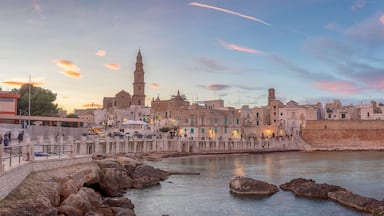 Paisagem costeira com edifícios históricos, uma torre imponente e uma muralha fortificada ao longo da orla marítima.