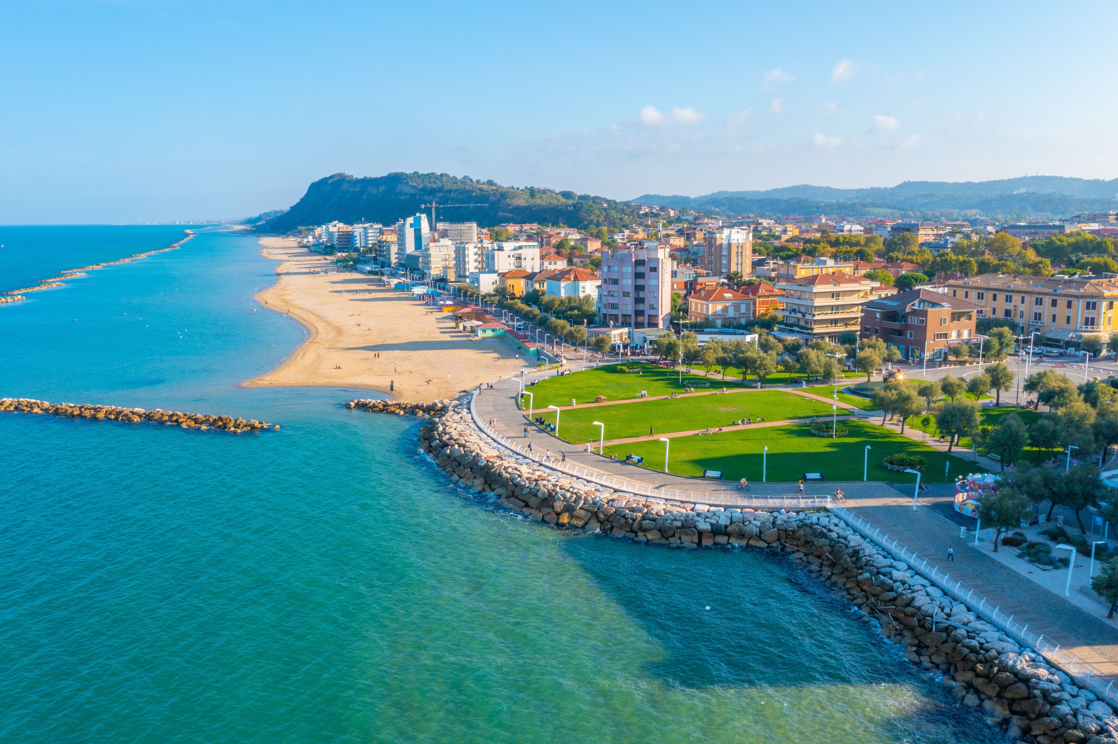 Aerial view of the beach in Italian town Pesaro