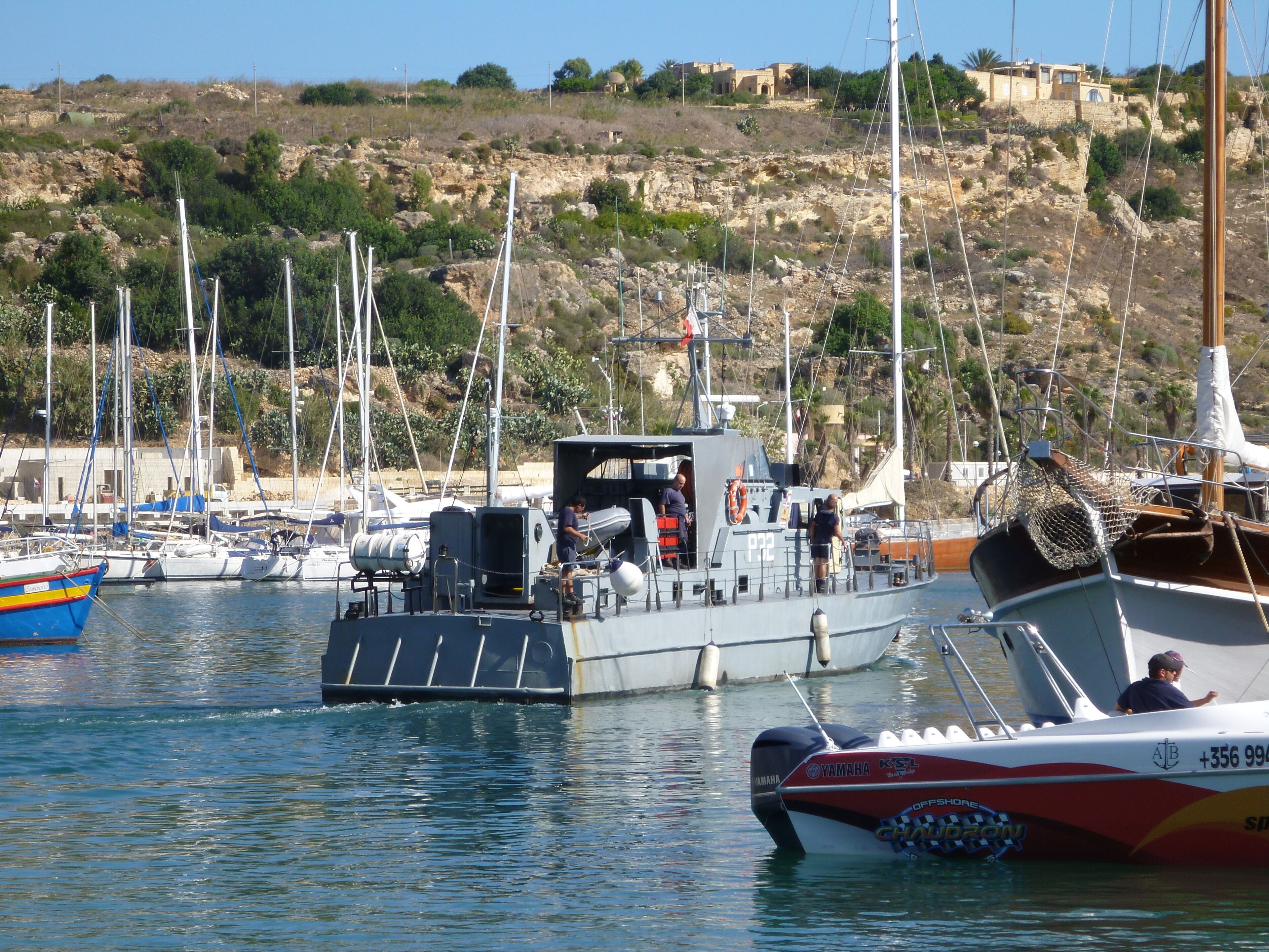 AFM BREMSE CLASS PATROL VESSEL Built in 1971/2 for the ex-DDR Sea-border Guard. It was transferred from the Federal Republic of Germany in 1992 to Malta works around Gozo. Picture taken in the harbor of Mġarr. (http://www.afm.gov.mt/p32?l=1)