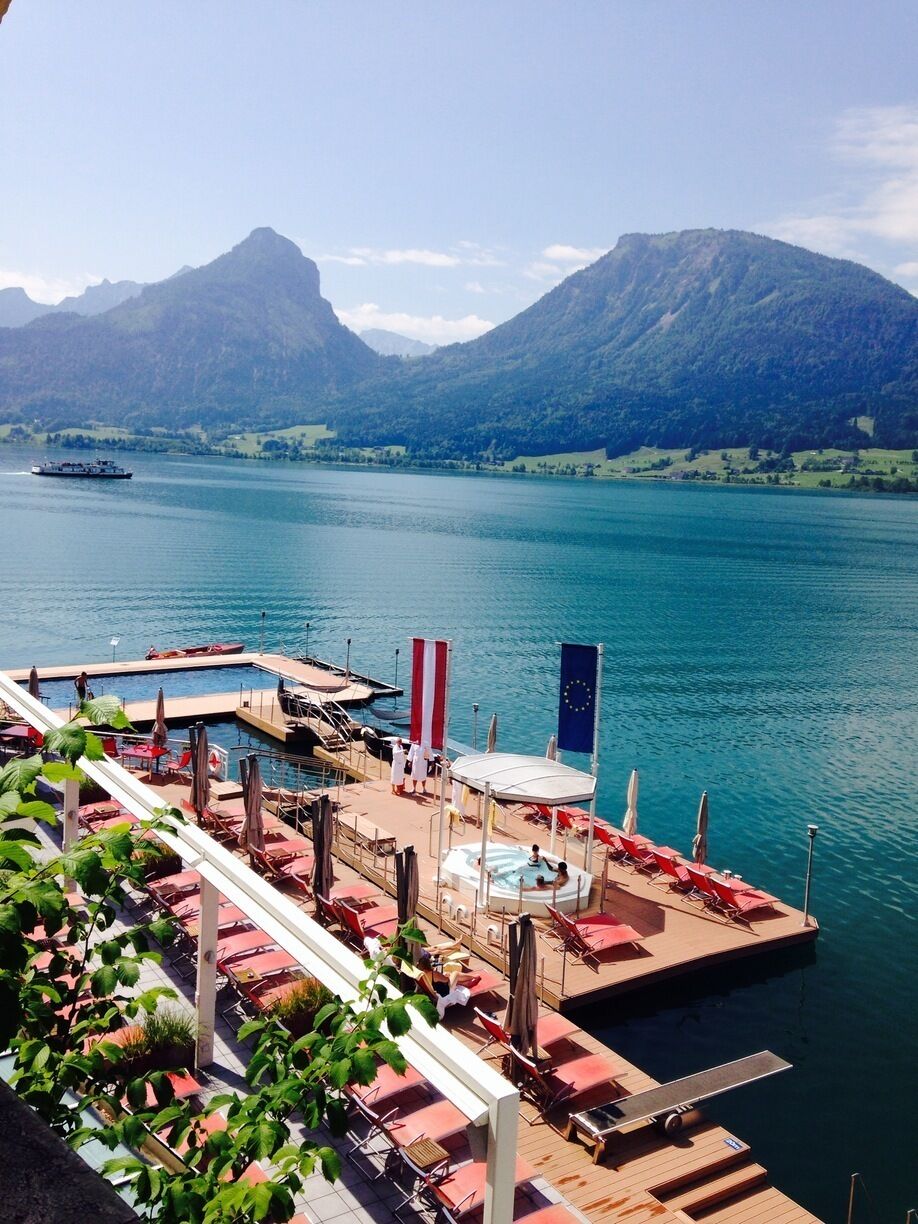 Gorgeous hotel and spa on the shores of St Wolfgang. Starting at 150 euro per night for a single room. The lakeside pool is heated and most rooms have balconies.