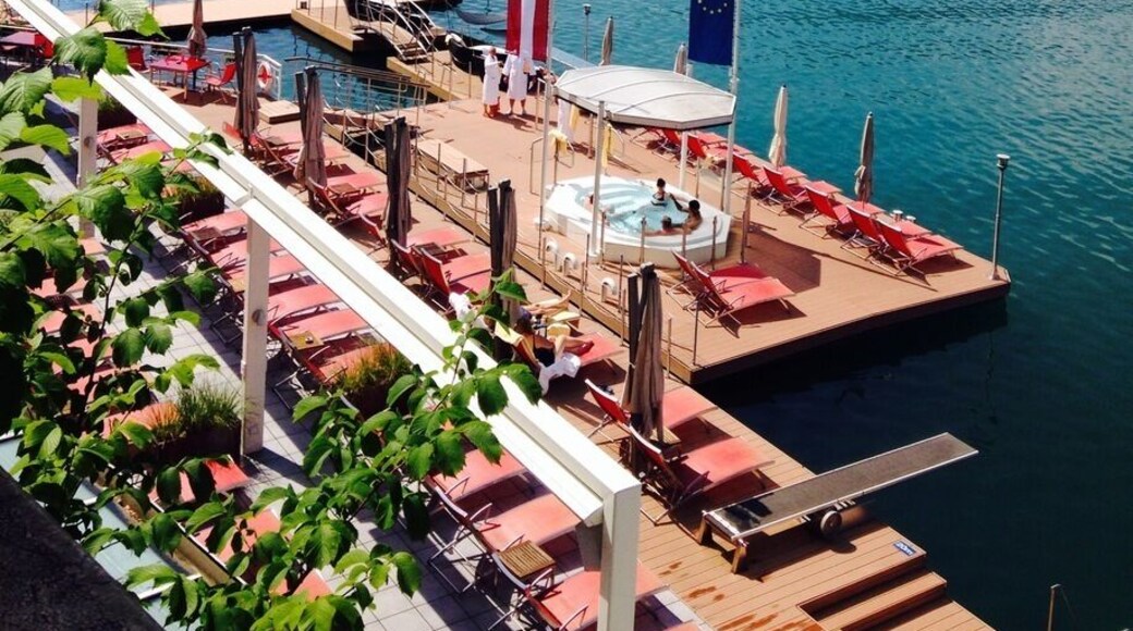 Gorgeous hotel and spa on the shores of St Wolfgang. Starting at 150 euro per night for a single room. The lakeside pool is heated and most rooms have balconies.