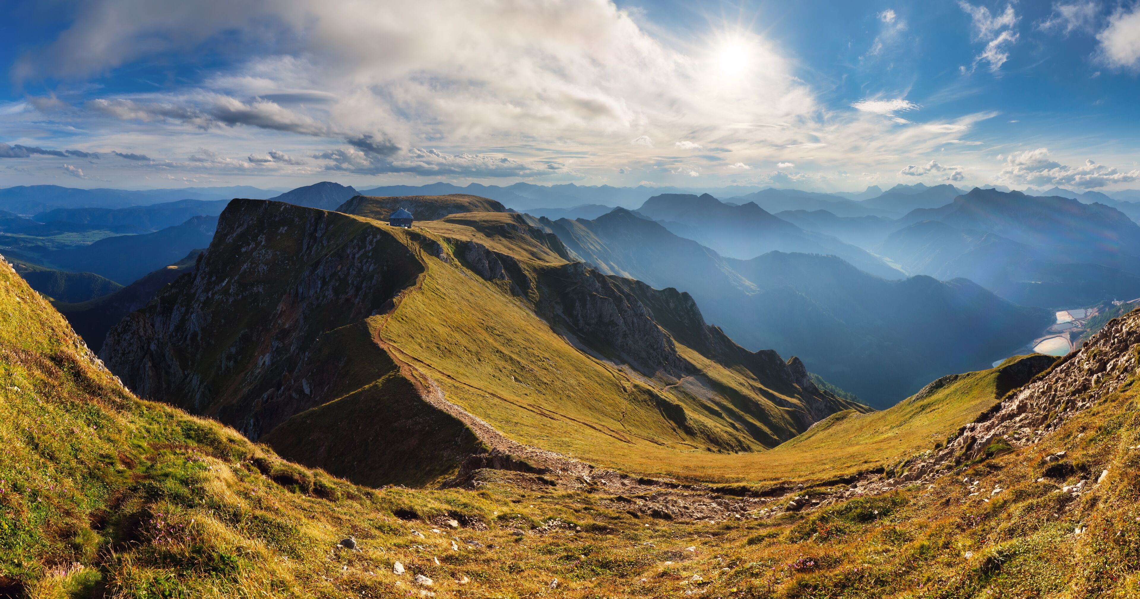 Sunset in Eisenerzer Alpen with Reichensteinhutte. Alp mountain Panorama in Styria, Austria