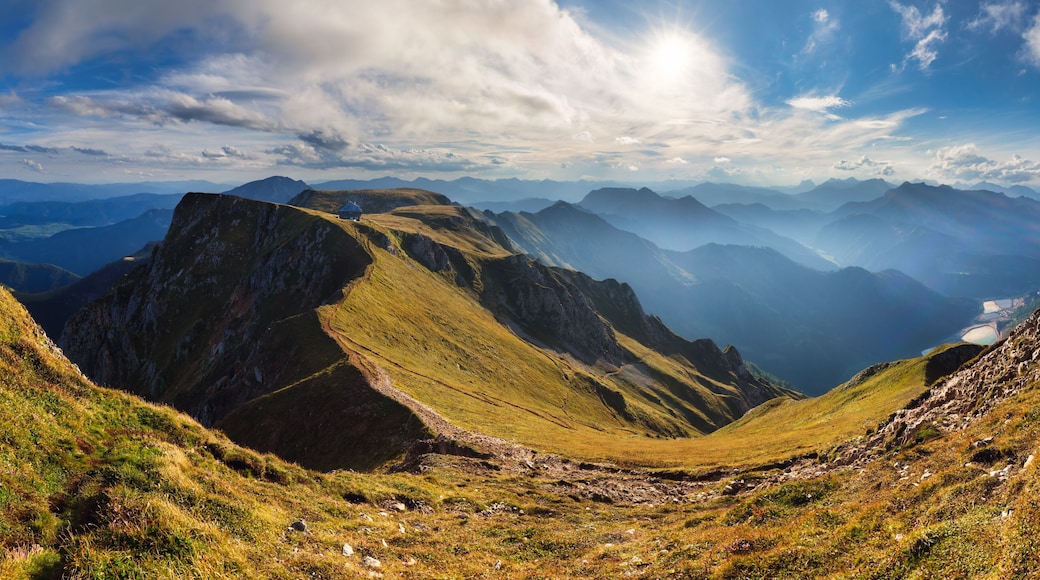 Sunset in Eisenerzer Alpen with Reichensteinhutte. Alp mountain Panorama in Styria, Austria