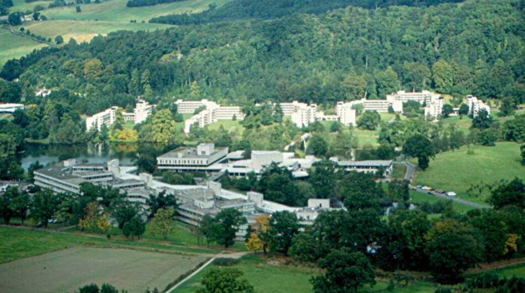 The University of Stirling was founded in 1967, and was still growing in 1990. This is the campus, seen from the Wallace Tower.