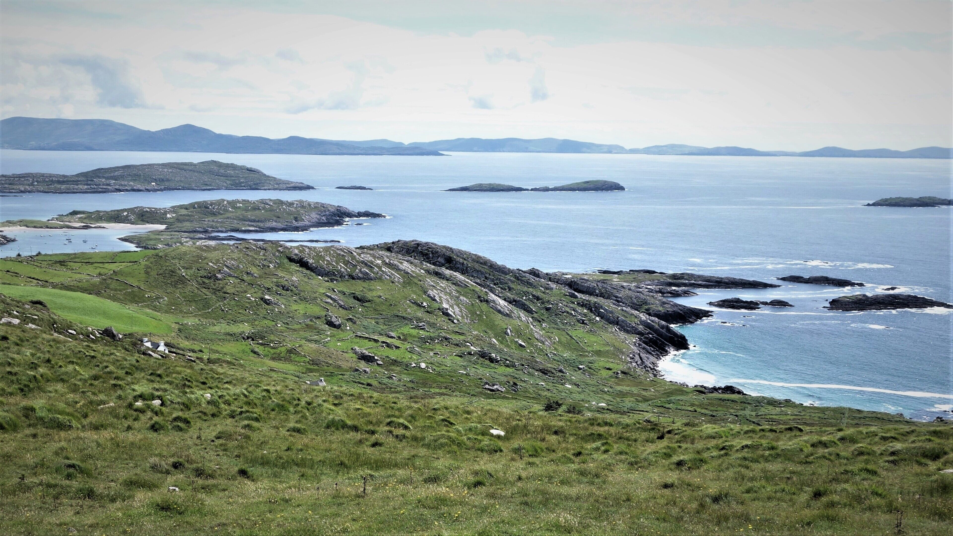 A coastal landscape with grassy hills, rocky outcrops, and a calm sea.