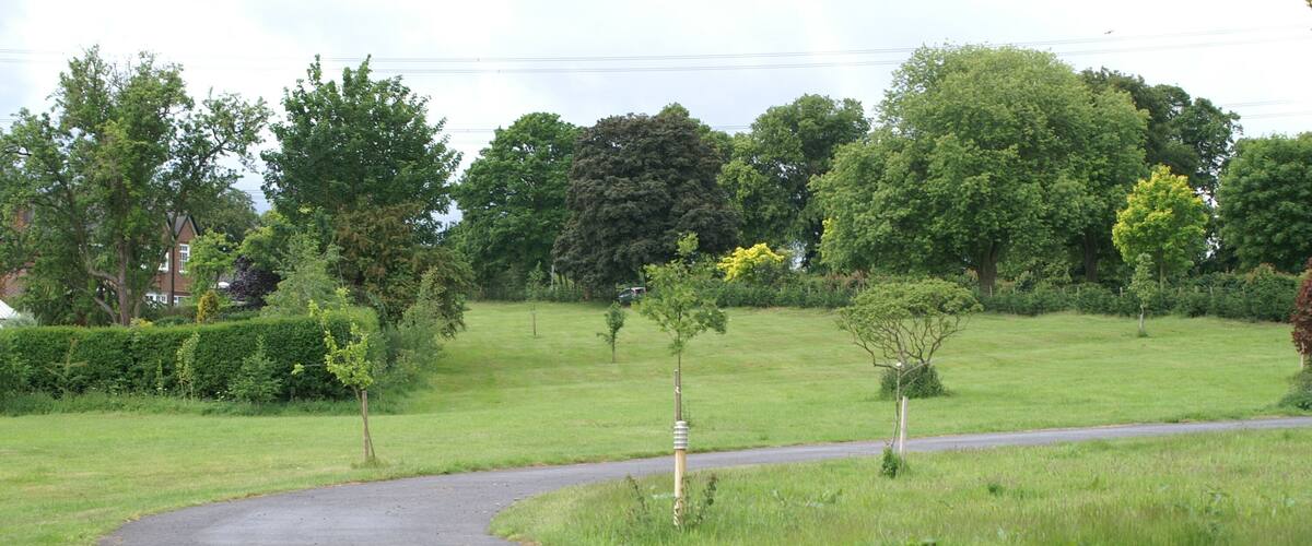 A curved road in a grassy area with trees and a house in the background.