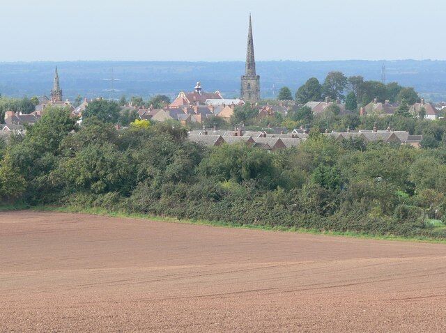 View towards Castle Donington The spire of St. Edwards Church towers over the village.