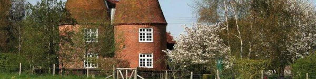 Ein Haus mit zwei Kegeldächern und einem Feld voller gelber Blumen davor.