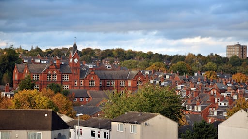 panoramic view of the woodhouse area of leeds showing streets housing estates and historic school building