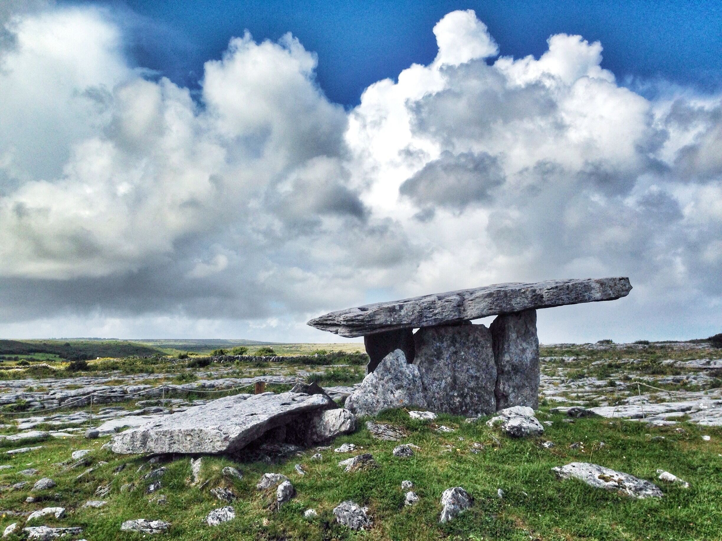 Poulnabrone Dolmen, an ancient tomb situated in the middle of Ireland's Burren National Park.