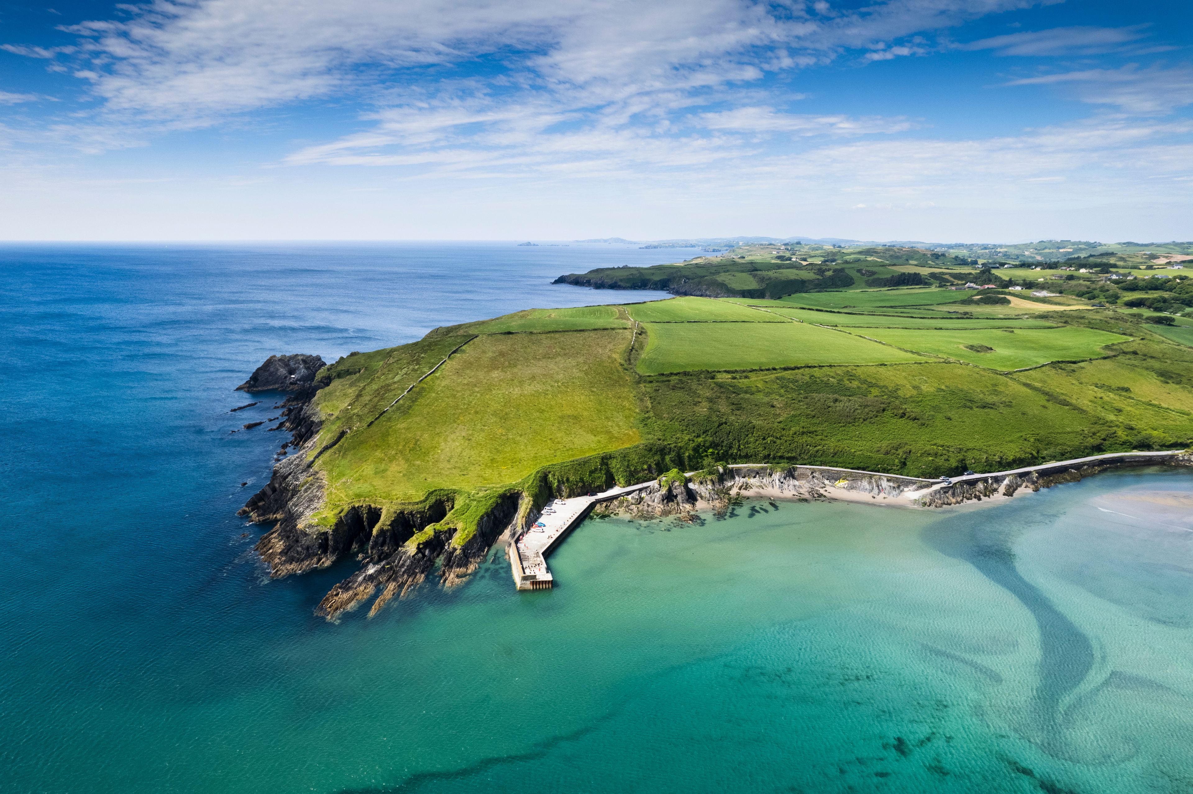 Aerial view of The Warren, a small sheltered beach backed by sand dunes located in Rosscarbery, County Cork, Ireland