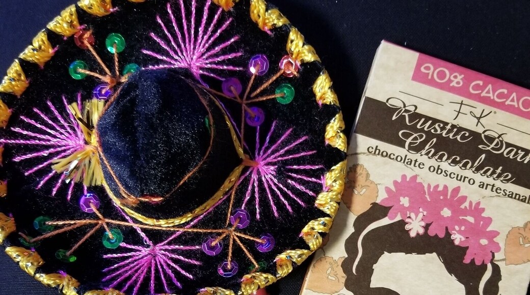 Marachi Sombrero and a bar of Rustic dark chocolate with an image of Frida Khalo from the El Market shop inside the airport. Give me expectations, hope the will to live, and forget me not #fridakhalo #lifeatexpedia