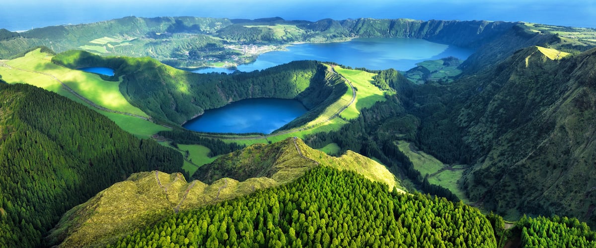 Beautiful lake of Sete Cidades from drone, Azores, Portugal Europe