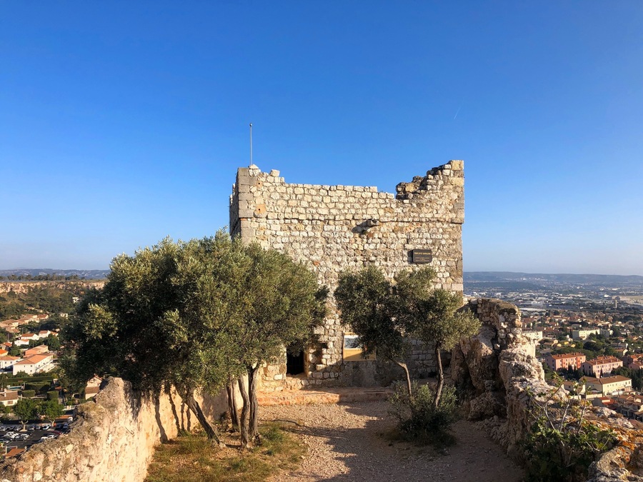 Top view from Sarrasine tower hills rock stone, whole view of cityscape and suburban of Vitrolles and Marignane in Marseille, Alps de Cote Azur, South France