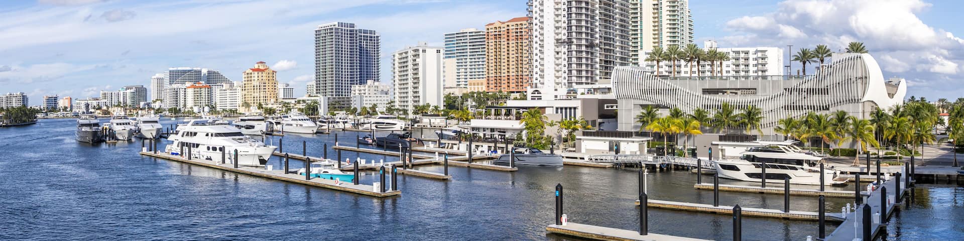 Fort Lauderdale skyline at Las Olas Marina with boats yachts Florida vacation panorama in Fort Lauderdale, United States
