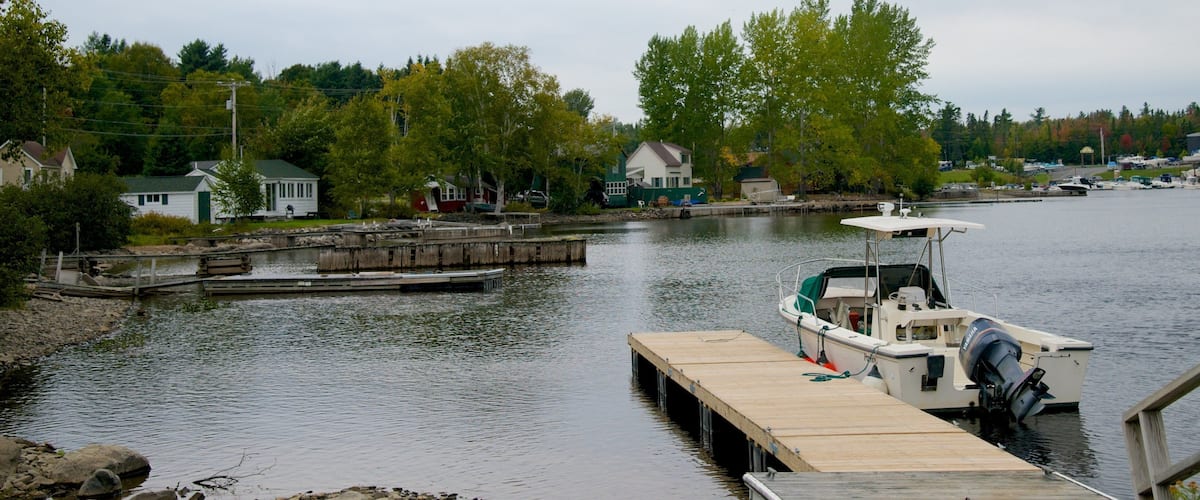 A calm lake with a wooden dock extending into the water, surrounded by houses and trees.