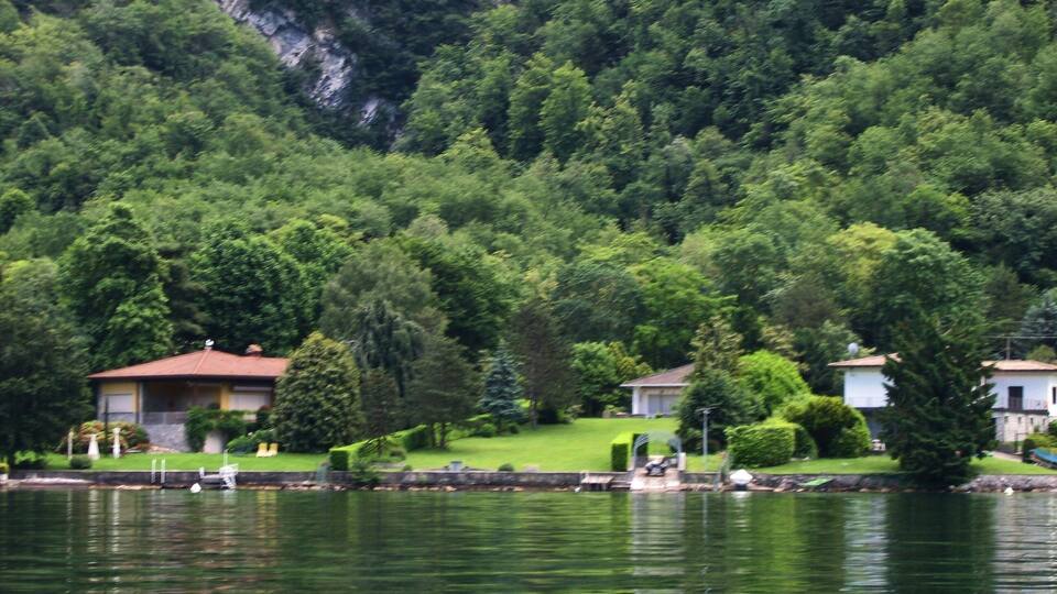 A lake with houses and dense forest.