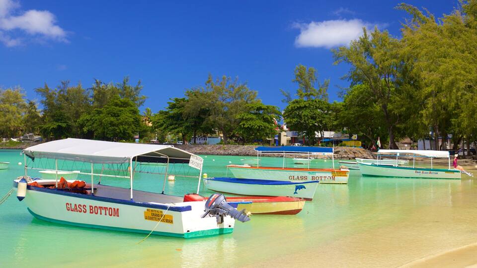 A row of glass-bottom boats at a beach with clear turquoise water, surrounded by trees and buildings.