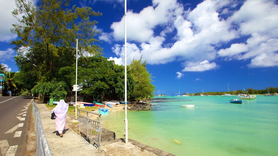 A coastal road with a pedestrian walkway, clear turquoise waters, boats, and lush greenery.