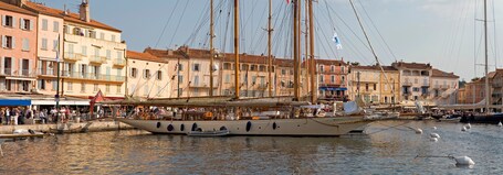 Un site historique situé au bord de l’eau, où de grands voiliers sont amarrés, entouré d’immeubles aux couleurs vives et d’une foule de personnes.