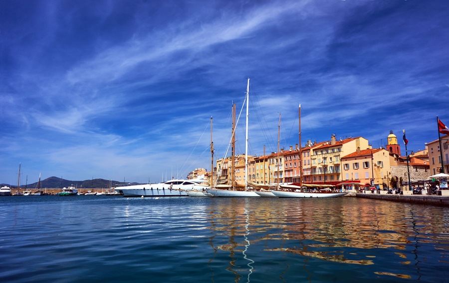 Sailboats and yachts moored to the quay port of Saint-Tropez, France, Shutterstock ID 373111951, Purchase Order: -