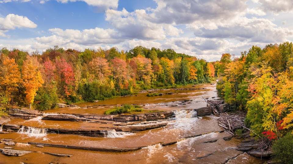 Beautiful Autumn day at Bonanza Falls on the Big Iron River - near Silver City and Porcupine Mountains Wilderness State Park - Michigan Upper Peninsula