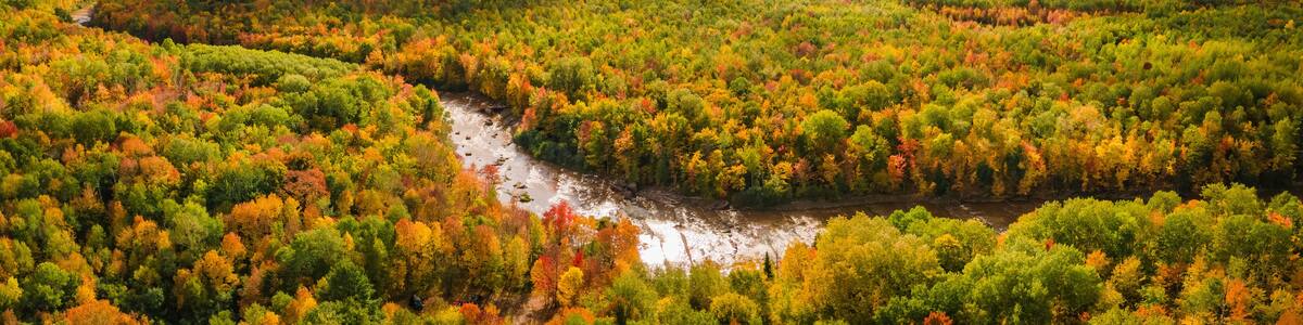 Awesome aerial view of Bonanza Falls during Autumn on the Big Iron River - near Silver City and Porcupine Mountains Wilderness State Park - Michigan Upper Peninsula