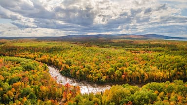 Awesome aerial view of Bonanza Falls during Autumn on the Big Iron River - near Silver City and Porcupine Mountains Wilderness State Park - Michigan Upper Peninsula
