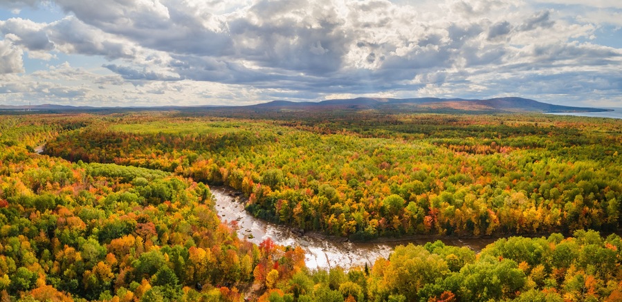 Awesome aerial view of Bonanza Falls during Autumn on the Big Iron River - near Silver City and Porcupine Mountains Wilderness State Park - Michigan Upper Peninsula