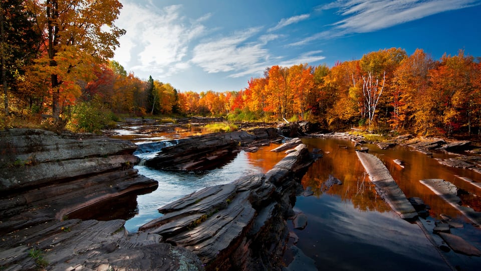 Fall colors at Bonanza Falls on the Big Iron River in Michigan's Upper Peninsula.