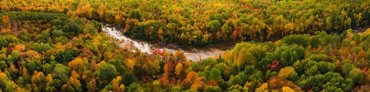 Colorful aerial view of Bonanza Falls during Autumn on the Big Iron River - near Silver City and Porcupine Mountains Wilderness State Park - Michigan Upper Peninsula