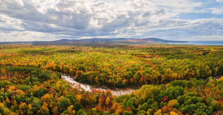 Colorful aerial view of Bonanza Falls during Autumn on the Big Iron River - near Silver City and Porcupine Mountains Wilderness State Park - Michigan Upper Peninsula