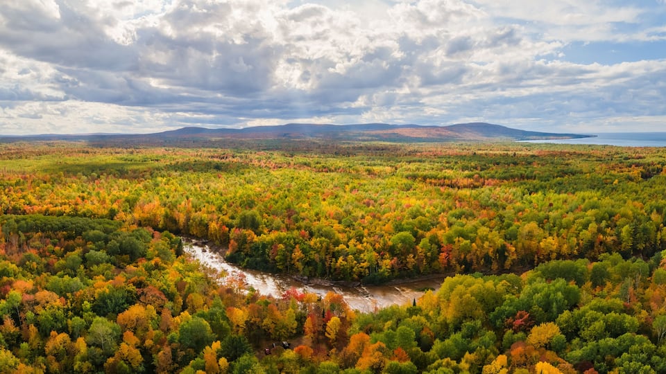 Colorful aerial view of Bonanza Falls during Autumn on the Big Iron River - near Silver City and Porcupine Mountains Wilderness State Park - Michigan Upper Peninsula